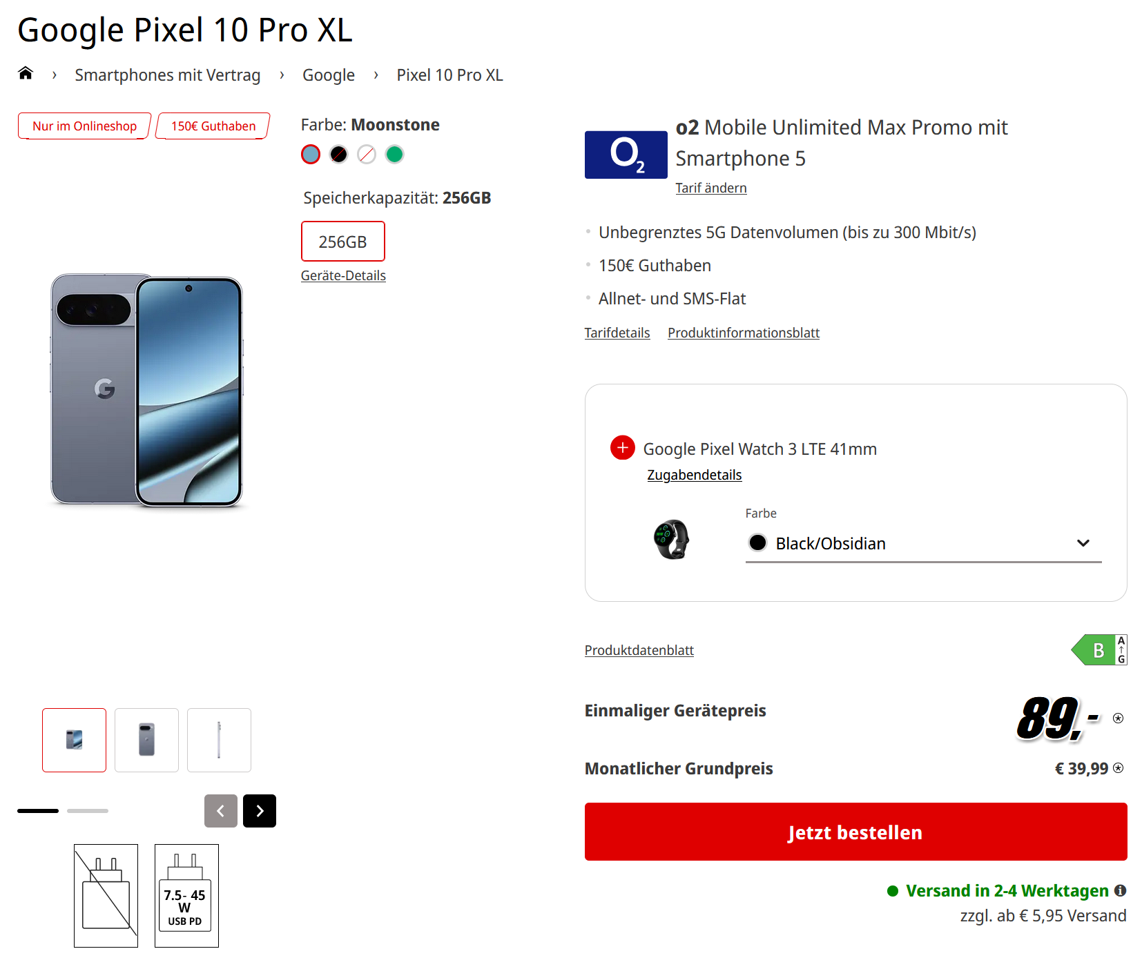 Mediamarkt Tarifwelt: o2 Mobile Unlimited Max Promo + Pixel 10 Pro XL 256GB + Pixel Watch 3 LTE